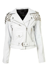 Women&#39;s White Color Real Leather Silver Spike Studded Zipper Belted Waist Jacket - £125.33 GBP