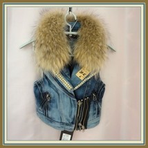 Retro 70's Big Lapel Raccoon Fur Collar Denim Motorcycle Vest Jacket w/ Studs  