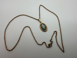 Vintage Gold Wedgewood Green Cameo Pendant 2.2cm Necklace 18” - £22.96 GBP