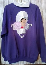 Vtg 80S Purple Hanes Sweatshirt Women Face Made In Usa Xl Split Fold Down Collar - £9.24 GBP