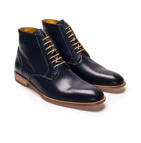 Handmade Men&#39;s Blue Leather Ankle High Boots, Men&#39;s Lace up Chukka Boots... - $179.99