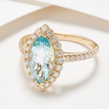 1.70CT Simulated Aquamarine &amp; Diamond Halo Engagement Ring Gold Plated Silver - £61.30 GBP