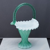 Fenton Spiral Optic Glass Basket Aquamarine Green Rope Like Handle Ruffled 10.5” - £51.34 GBP