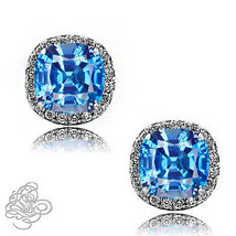 2.49CT Halo Cushion Blue Topaz White Sapphire Plated 925 Silver Stud Earrings - £48.76 GBP