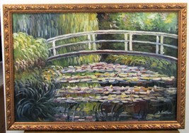 Japanese Bridge Claude Monet S. Carthon Framed Canvas Oil Painting Gold Frame - £222.14 GBP