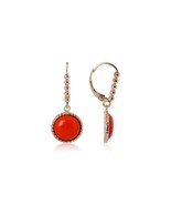 14K Solid Yellow Gold Round Bezel Red Coral Opal Lever Back Dangle Earrings - £315.59 GBP