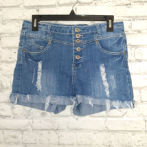 Rue 21 Shorts Womens Juniors 5/6 Blue Button Fly Distressed High Waisted Denim - £12.78 GBP