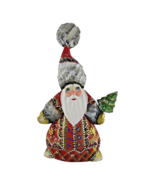 7&quot; Russian Carved Santa Claus Red Figure w Tree LG Hat Hand Made Christmas - $46.74