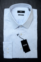 Hugo Boss Men&#39;s Isko Slim Fit Pastel Blue Spotted Cotton Dress Shirt 46 18 - £50.98 GBP