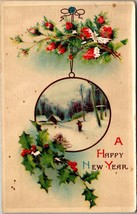 Happy New Year Holly Country House Trees Man Walk Snow Unposted Antique Postcard - £6.03 GBP