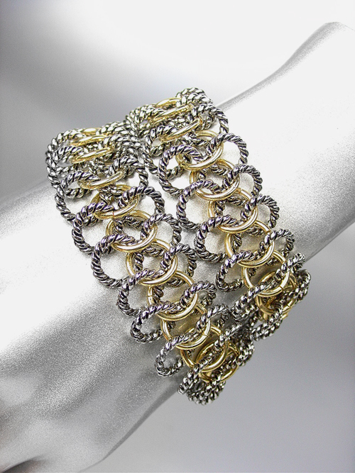 CLASSIC Designer Style Silver Cable Gold Rings Double Wrap Bracelet - £22.11 GBP