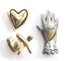 Lot of 3 Heart Love Theme Pins Gold Tone Hearts X Kiss Silver Tone Hand ... - $19.99