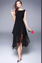 Unomatch  Women Long Beautiful Irregular Shape Chiffon Dress Black - £29.40 GBP