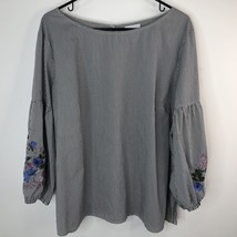 Liz Claiborne Womens Blouse Plus Size XXL Embroidered Sleeves Gray White Striped - £12.78 GBP