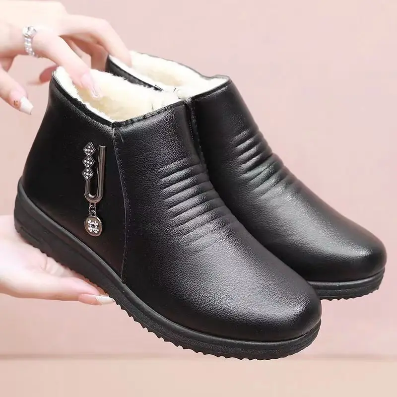 New Women&#39;s Real Leather Ankle Boots Thick Bottom Plush Shoes Women Winter Warm  - £32.23 GBP