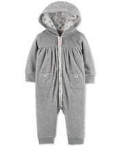Baby Girl Carters Hooded Zip-Up Fleece Jumpsuit Gray Heather, Size 9 Months - £14.12 GBP