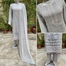 Pakistani Light Gray Straight Style Embroidered Sequins 3pcs Chiffon Dress,XL - £98.79 GBP
