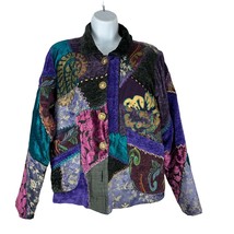 Tapestry Patch Blue Purple Maroon Velour Knit Gold Button Jacket Size M - £14.95 GBP
