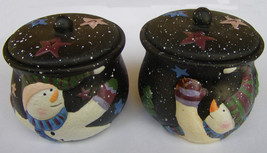 Susan Winget &#39;Peace &amp; Joy&#39; Snowmen Ceramic Candle Jars Set of 2 - 2-1/2&quot; tall - £9.59 GBP