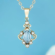 9K Gold Natural Cabochon Blue Topaz and Pearl Vintage Filigree Pendant - $390.00