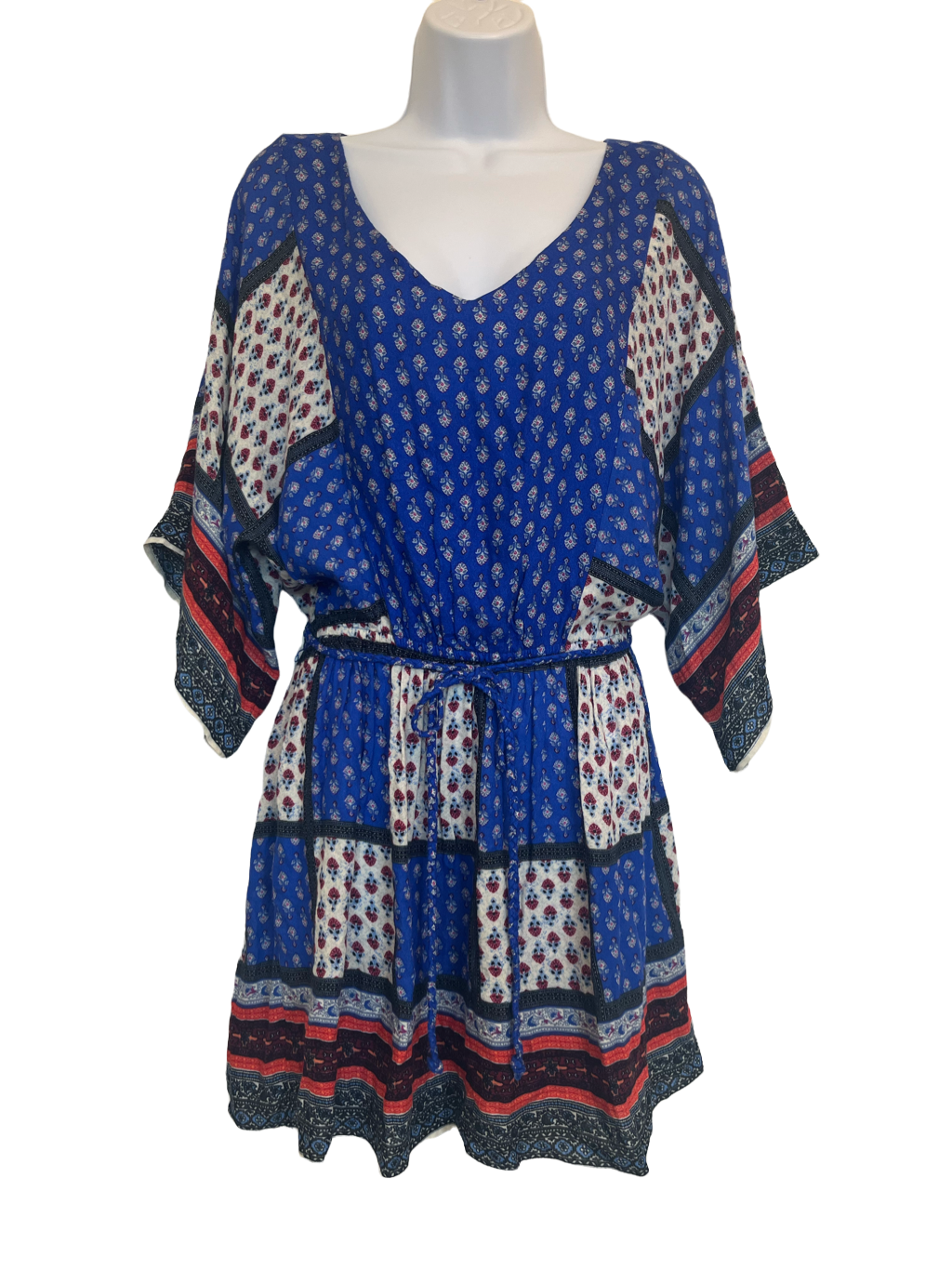 Primary image for American Eagle Women's XS Blue Red Patchwork Print Boho Flowy Mini Dress
