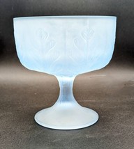 VTG 70s Satin Frosted Ice Blue  Glass Pedestal Dish  w/ Leaf Pattern. - £9.96 GBP