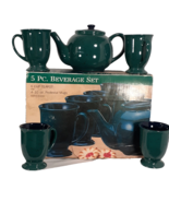 Beverage Set Teapot with Lid 4 Pedestal Cups 5 Piece Set Green Stoneware... - £14.83 GBP