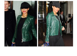 Rihanna Women Green Leather Jacket Biker Women Green Moto Leather Jacket - $209.99