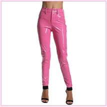 Bright Pink Tight Fit Faux Leather High Waist Front Zip Up Legging Pencil Pants image 2