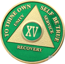 15 Year AA Medallion Green Gold Plated Alcoholics Anonymous Sobriety Chi... - $20.39