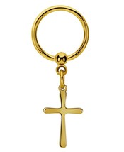 Dangling Thin Cross Gold Tone Stainless Steel Captive Beaded Ring Piercing - $9.49
