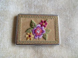 Silver Tone Metal ID Case W/Embroiderd  Leather Floral Top - $22.28