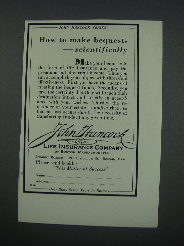 1930 John Hancock Mutual Life Insurance Company Ad - How to make bequests - $18.49