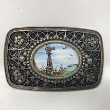 Vintage Windmill Inset Flowery Flowers Belt Buckle Country Farm Birds Sky - £27.09 GBP