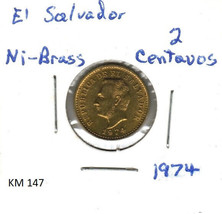 El Salvador 2 Centavos, 1974, Nickel-Brass, KM 147 - £1.57 GBP