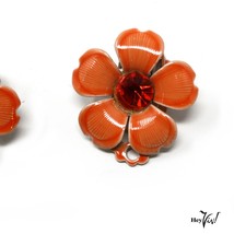 Vintage Orange Enamel Flower Clip On Earrings w Orange Rhinestone - 1&quot; -... - £11.01 GBP