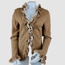 Ruffled Baby Alpaca Sweater Womens L Beige Brown Long Sleeve Cardigan Peru Fibra - £73.96 GBP