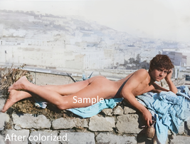Gay male figure nude model sitting on wall colorized vintage art photograph - £5.50 GBP+