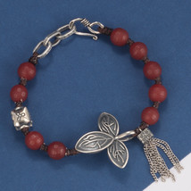 Vintage Sterling Silver Adjustable Leaf Charm Bracelet With Agate Beaded,Tassel - £45.56 GBP