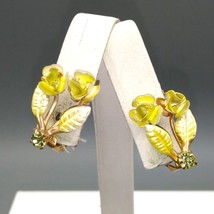 Vintage Austria Yellow Roses Earrings, Clip On Metal Enamel Flowers Floral, Rose - £28.68 GBP
