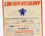 American Airlines Ticket Jacket Flagship to California 1950&#39;s Route Map  - £21.95 GBP