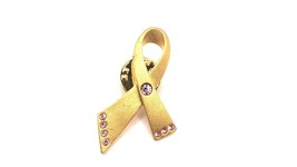 Avon Gold Tone Matte Pink Crystal Ribbon Awareness Lapel Pin - $4.90 CAD