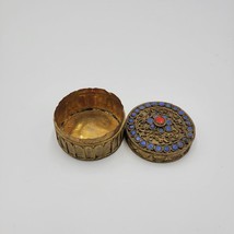 Vintage Nepalese Tibetan Trinket Box Filigree Blue Coral Lapis Brass Small Round - $72.58