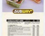 Subway Cold &amp; Hot Subs Menu 1996 Eastern Washington &amp; Idaho - $18.79