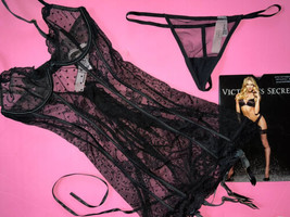 Victoria&#39;s Secret XS GARTER SLIP merrywidow+thong BLACK mesh lace up pol... - £79.02 GBP