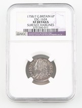 1758/7 Grande-Bretagne Six Pence Pièce Argent XF Détails NGC 6 Pence KM-... - $328.73 CAD