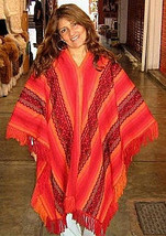 Ethnical red peruvian Poncho, Cape Alpaca Wool  - £75.37 GBP
