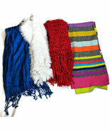 Womens Scarves Lot Rainbow Colorful Fluffy Blue Red White Yarn Fluted - $472.70 MXN