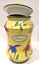 Nonni&#39;s Biscotti Cookie Jar &amp; Lid Handmade Ceramic Floral Yellow Canister 12.5&quot;H - £33.52 GBP