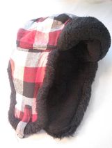 Winter Hat Red & Black Plaid with Faux Fur Lining Ear Flaps Chin Strap Unisex - £6.82 GBP